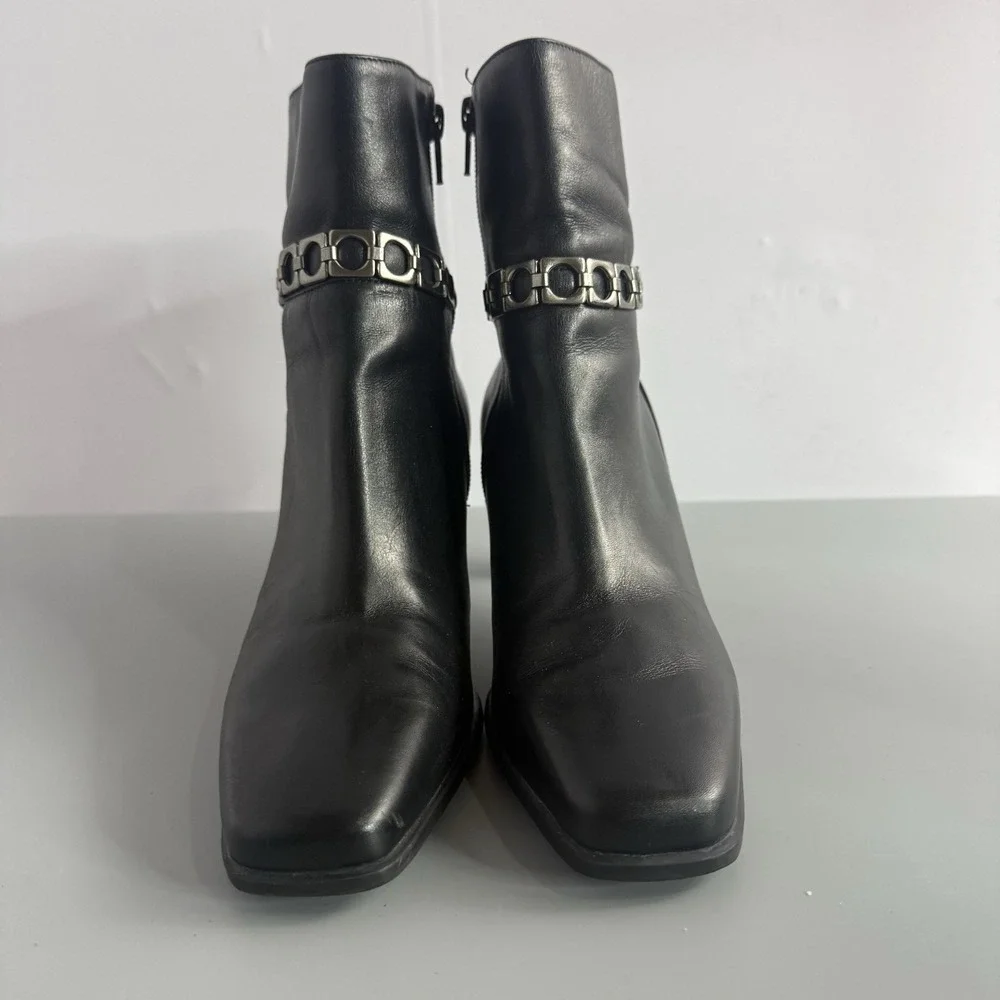 MARKON Tansy Black Leather Silver‎ Chain Square Toe Moto Ankle Boots Size 8M